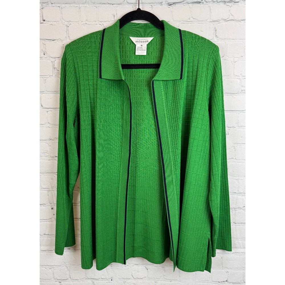 Misook Green Open-Front Cardigan with Navy Trim